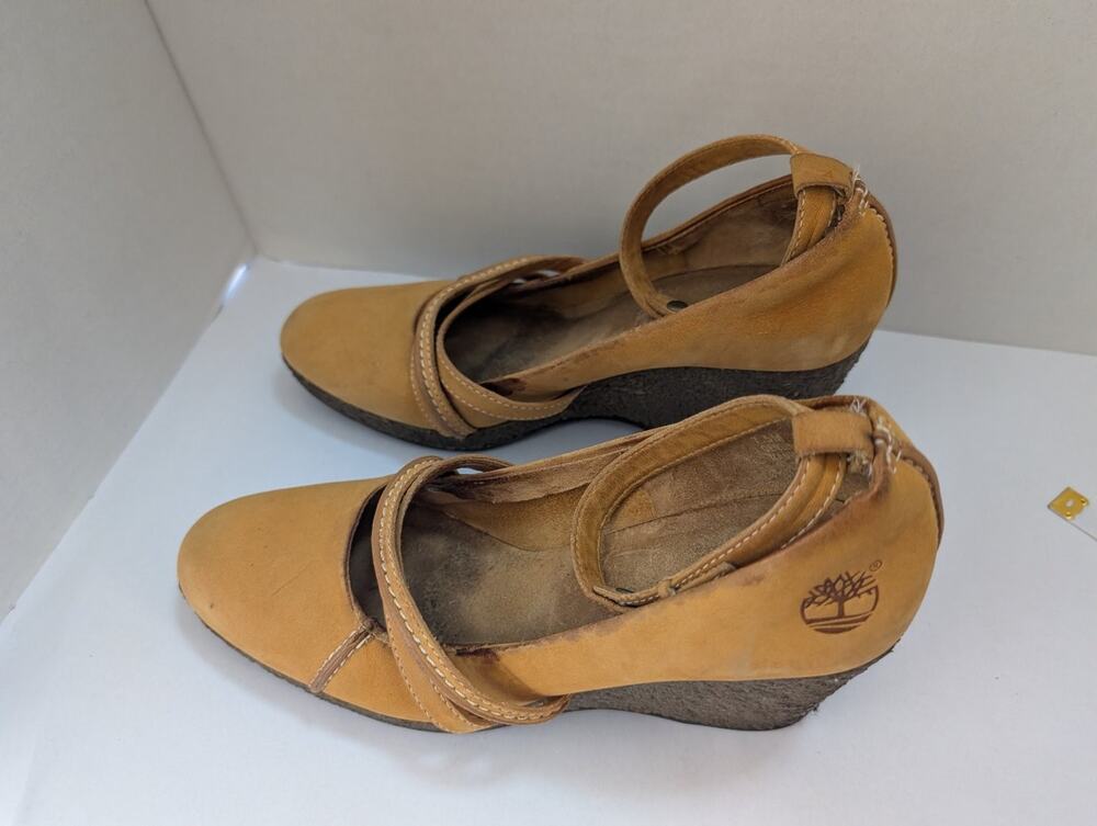 Timberland 7.5 M Tan Suede Ankle Strap Wedge Heels Pumps Shoes AS IS